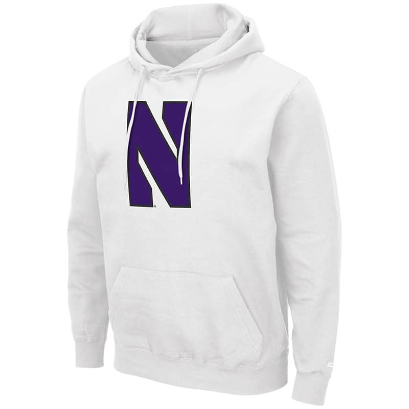 Northwestern University Wildcats Colosseum Men's White Hooded Sweatshirt With Appliqué Embroidered Stylized N Design