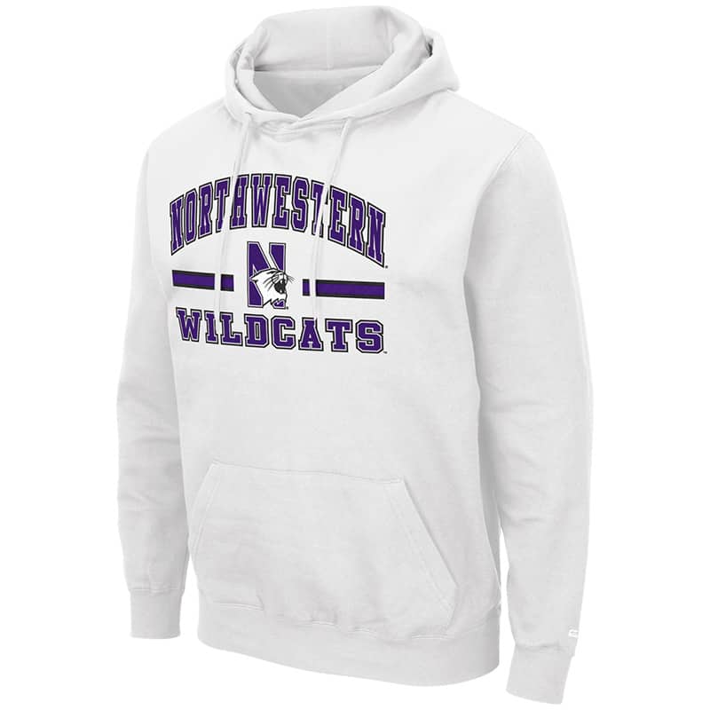 Northwestern University Wildcats Colosseum Men's White Hooded Sweatshirt With Appliqué Embroidered Northwestern Over N-Cat Bar Design