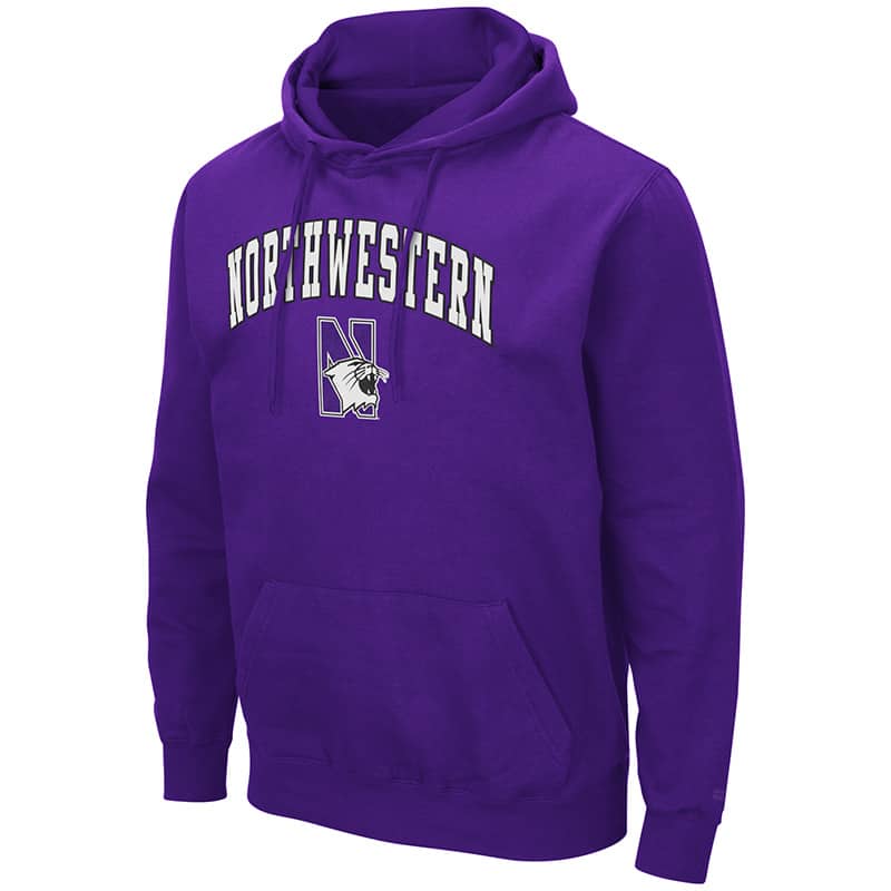 Northwestern University Wildcats Colosseum Men's Purple Hooded Sweatshirt With Appliqué Embroidered Arched Northwestern Over N-Cat Design