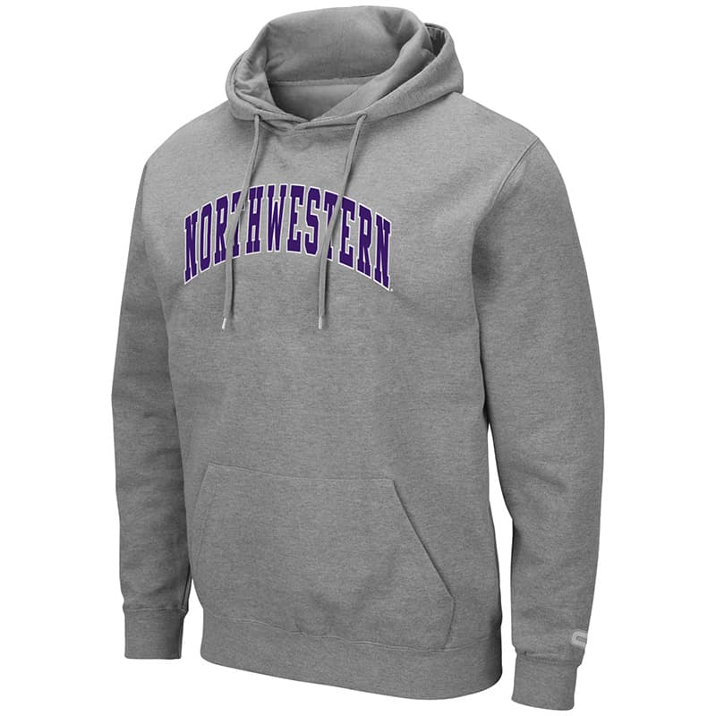 Northwestern University Wildcats Colosseum Men's Heather Grey Hooded Sweatshirt With Appliqué Embroidered Arched Northwestern Design