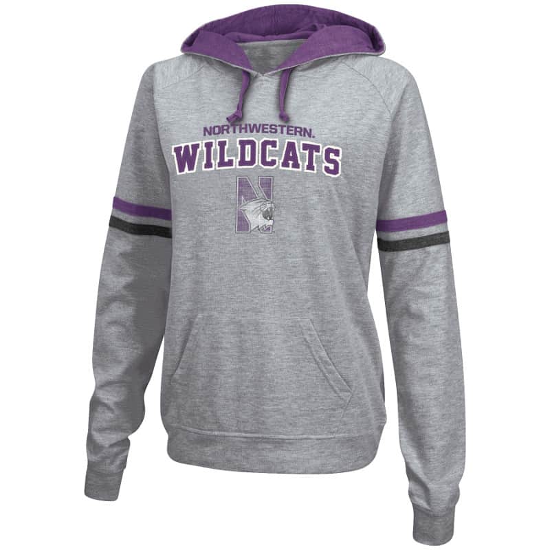 Northwestern University Wildcats Colosseum Grey/Purple Stripped Ladies Chalk P/O French Terry Hood with Northwestern N-cat Design