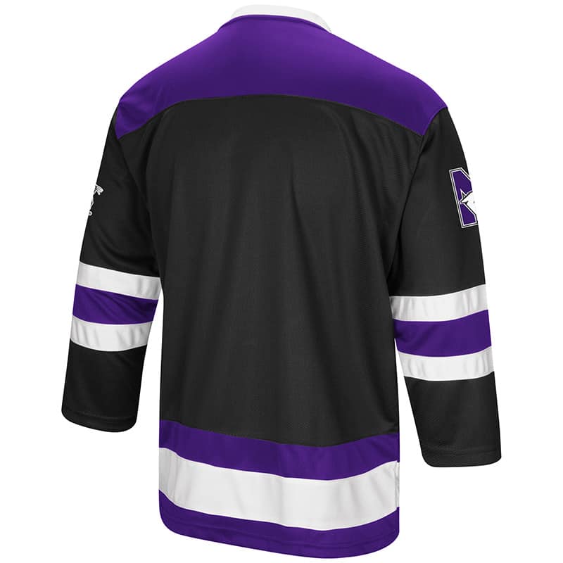 Northwestern University Wildcats Colosseum Men's Black Athletic Machine Hockey Jersey with N-Cat Design -Back