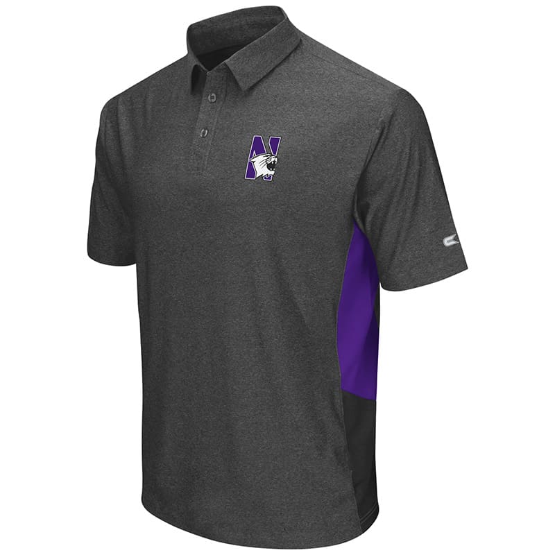 Northwestern University Wildcats Colosseum Men's Heather Charcoal / Purple / Black The Bro Polo Shirt with N-Cat Design