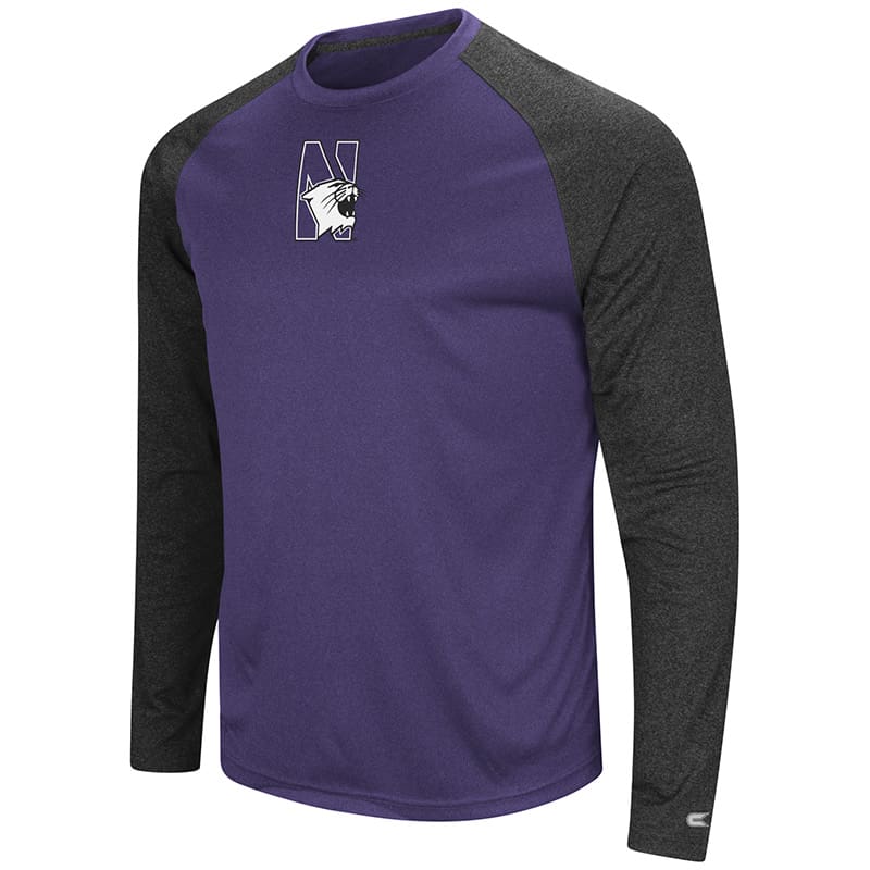 Northwestern University Wildcats Colosseum Men's Heather Purple / Black Lumbergh L/S Raglan T-Shirt with N-Cat Design