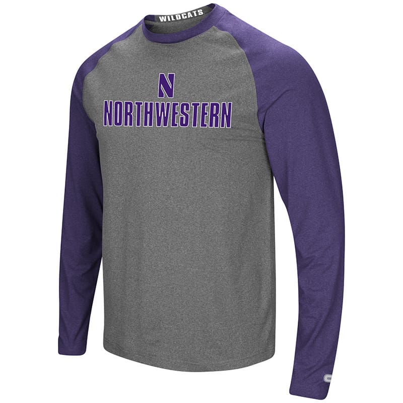 Northwestern University Wildcats Colosseum Men's Heather Charcoal/Heather Purple Social Skills L/S Raglan T-Shirt with Stylized N Design
