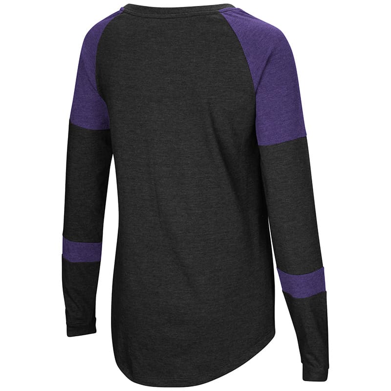 Northwestern University Wildcats Colosseum Ladies Black/Purple Dorothy L/S Raglan T-Shirt with N-Cat Design-Back