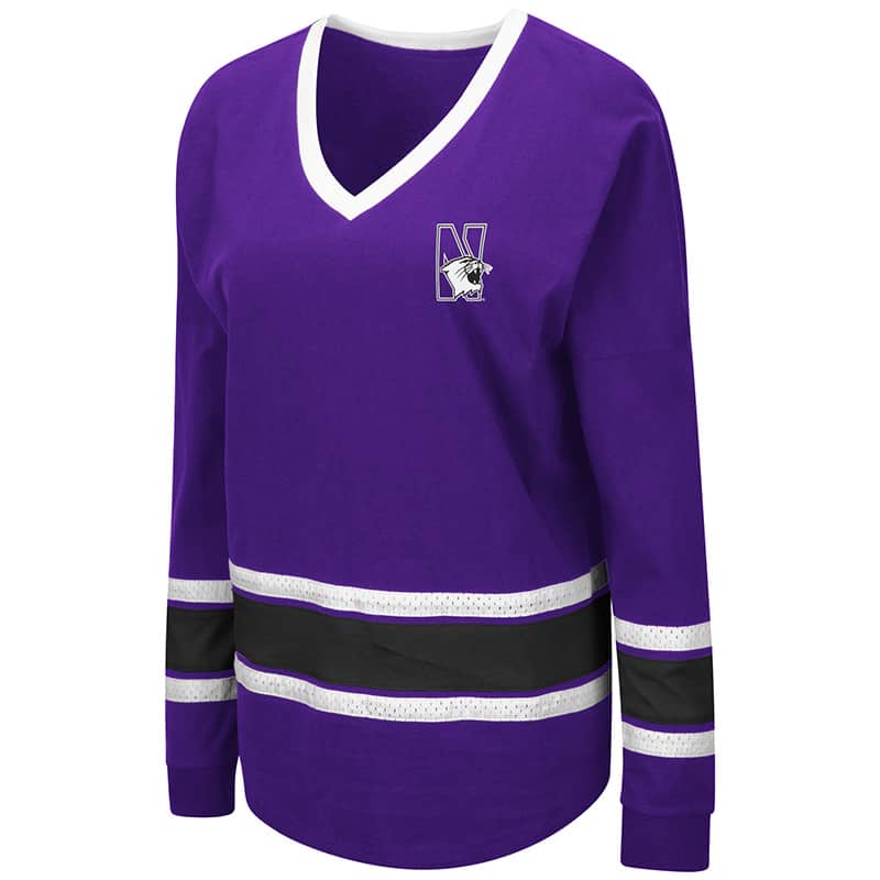 Northwestern University Wildcats Colosseum Ladies All Righty Purple Hockey Style Long Sleeve Tee with N-Cat Design