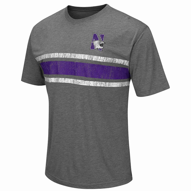 Northwestern University Wildcats Colosseum Men's Heather Charcoal Swipurpleh S/S T-Shirt with N-Cat Design