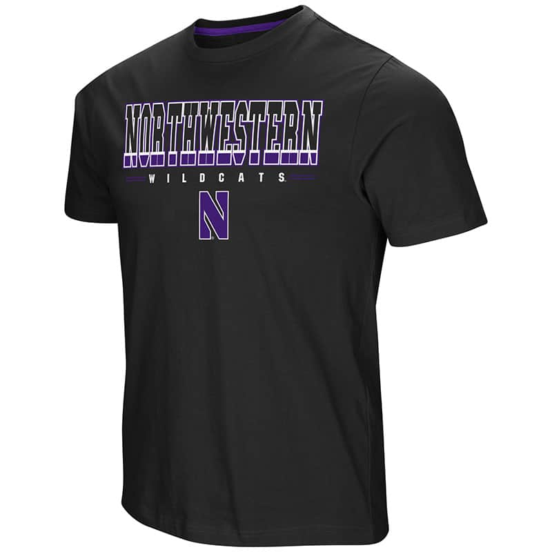 Northwestern University Wildcats Colosseum Men's Black Tackle S/S T-Shirt with Stylized N Design