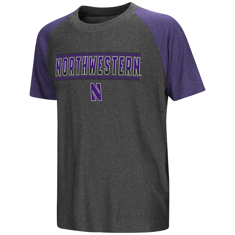 Northwestern University Wildcats Colosseum Youth Charcoal / Heather Purple Blackotty S/S Raglan T-Shirt with Stylized N Design