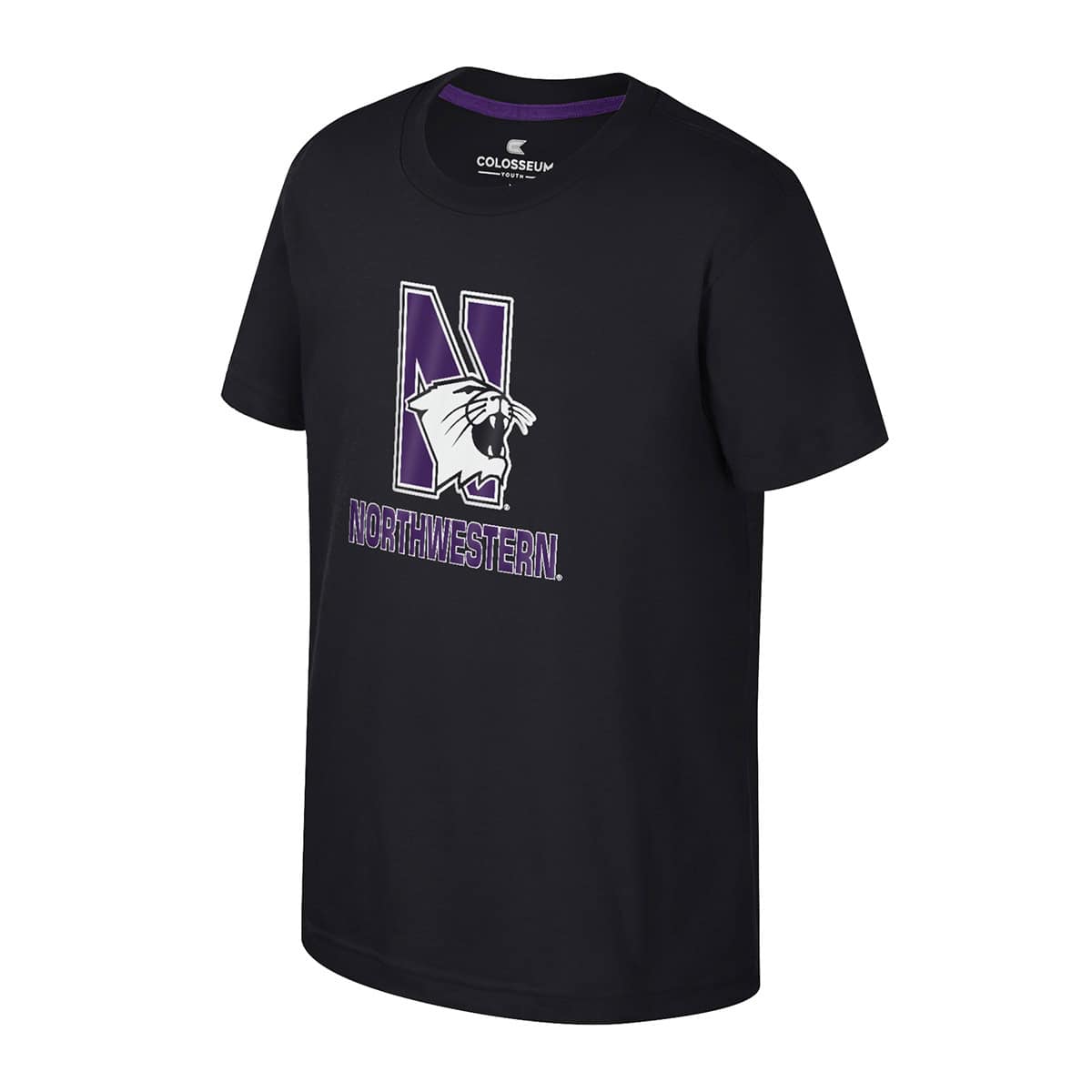 Northwestern University Wildcats Colosseum Youth Kril Black S/S Tee with N-Cat Over Northwestern Design