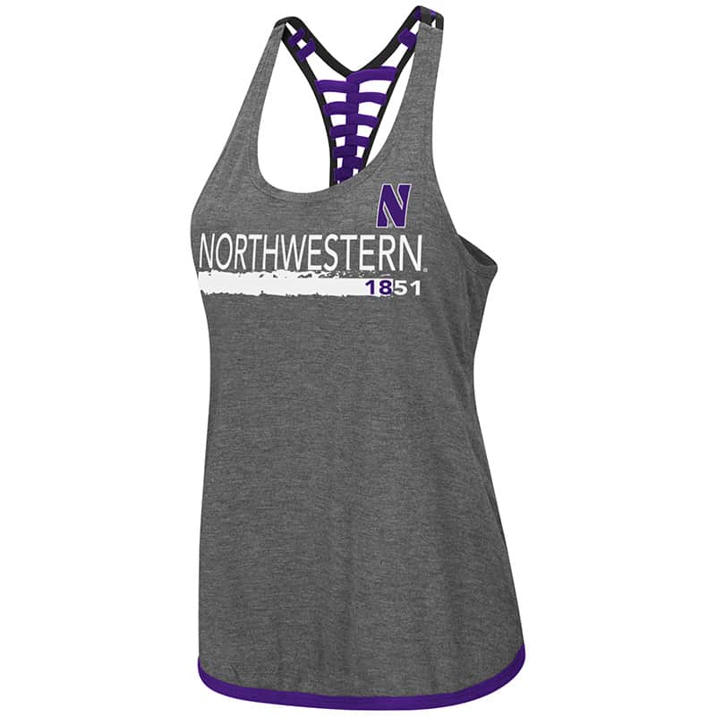 Northwestern University Wildcats Colosseum Ladies Heather Charcoal/Purple/Black Kimono Strappy Racerback Tank with Stylized N Design