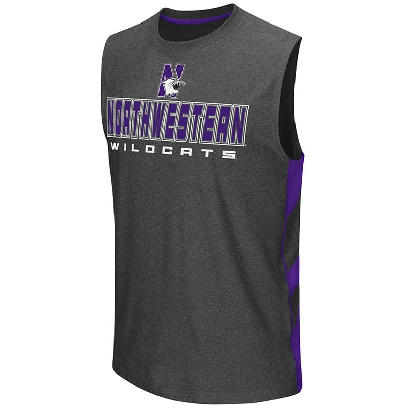 Northwestern University Wildcats Colosseum Men's Heather Charcoal Architect Sleeveless T-Shirt with N-Cat Design