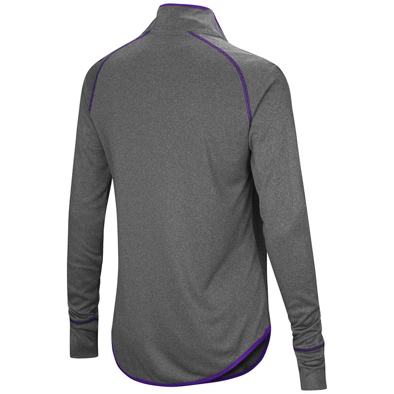 Northwestern University Wildcats Colosseum Ladies Heather Charcoal Shark 1/4 Zip Windshirt with Stylized N Design-Back