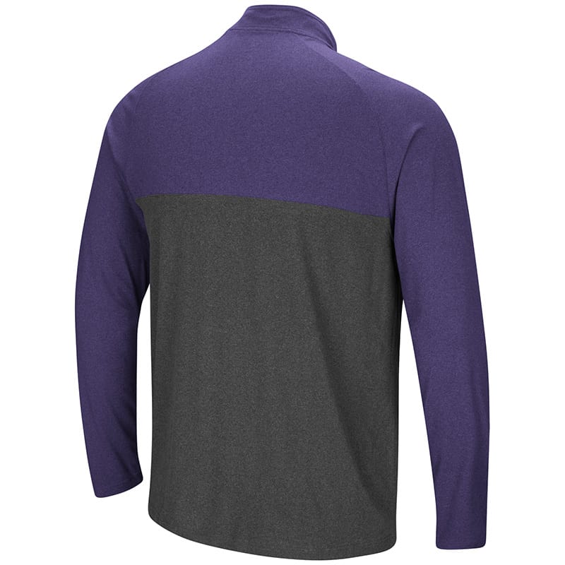 Northwestern University Wildcats Colosseum Men's Heather Charcoal/Heather Purple No Mercy 1/4 Zip Windshirt with Stylized N Design-Back