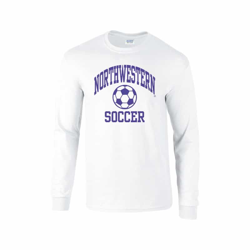 Northwestern University Wildcats White Long Sleeve Tee Shirt with Soccer Design