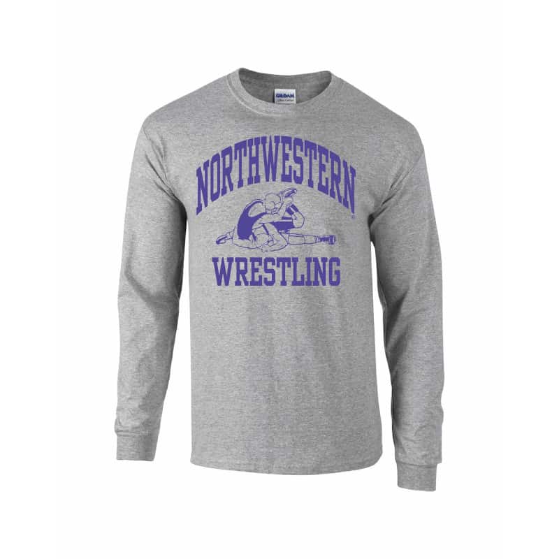Northwestern University Wildcats Grey Long Sleeve Tee Shirt with Wrestling Design