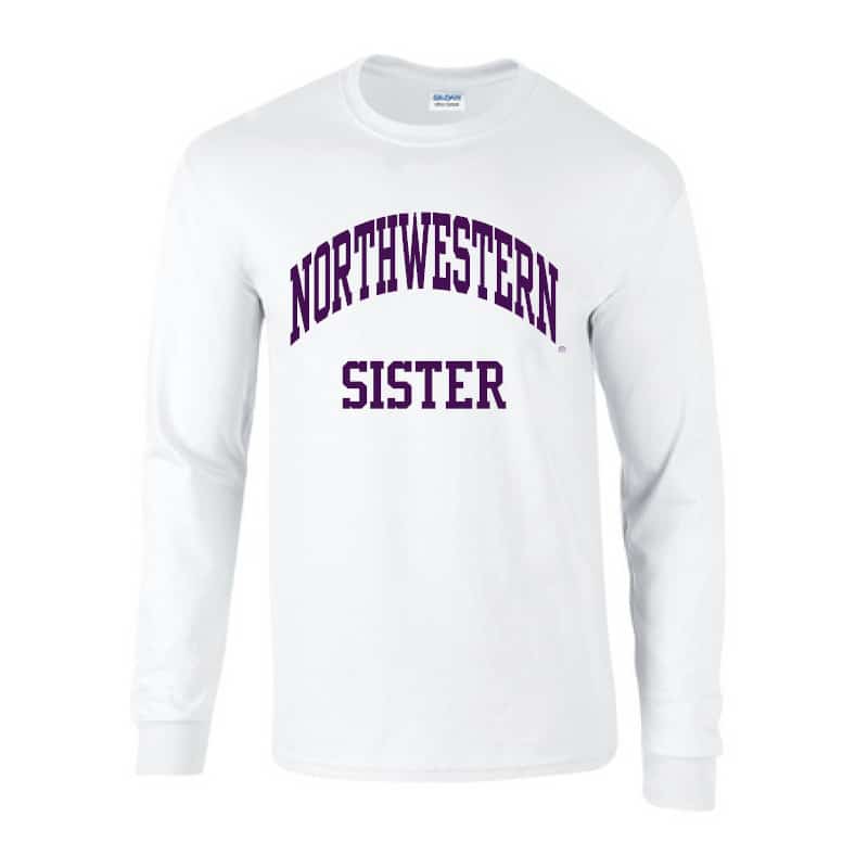Northwestern University Wildcats White Long Sleeve Tee Shirt with Sister Design