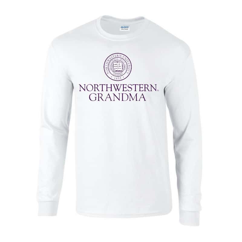 Northwestern University Wildcats White Long Sleeve Tee Shirt with Grandma Design
