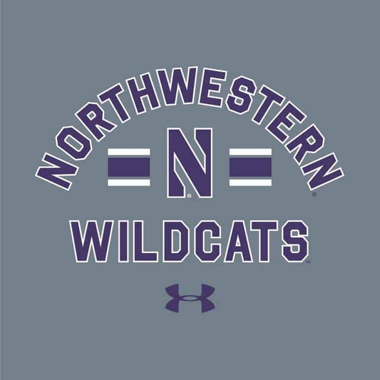 Northwestern University Wildcats Men’s Under Armour Carbon Grey Heather All Day Fleece Crew With Stylized N Design -2