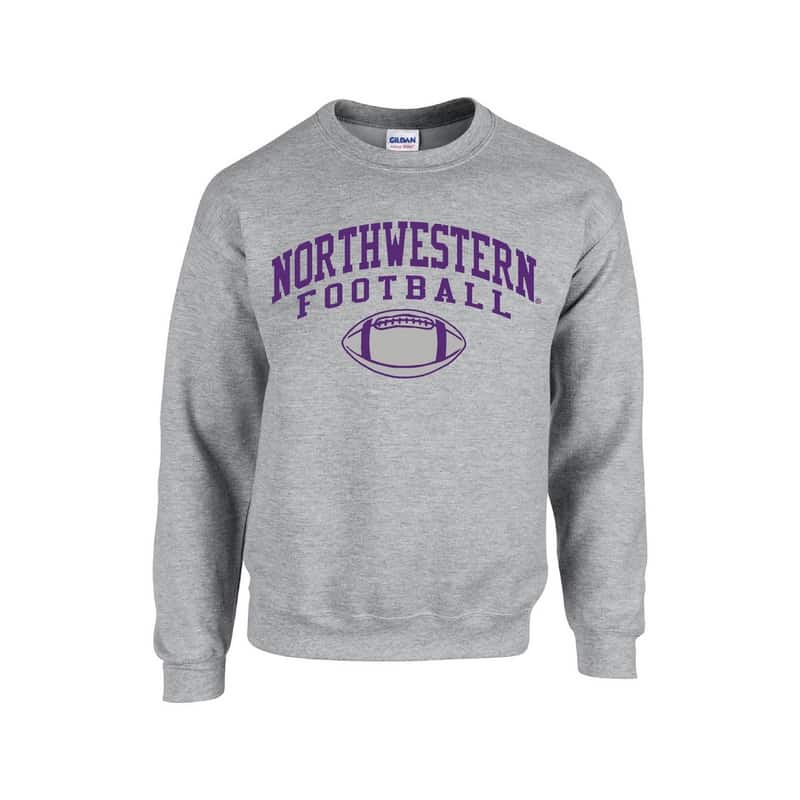 Northwestern University Wildcats Grey Crewneck Sweatshirt with Northwestern Football Design