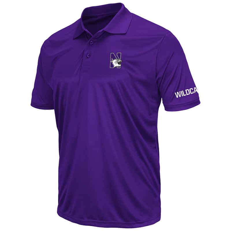 Northwestern University Wildcats Colosseum Mens Solid Purple Stance S/S Polo Shirt with N-Cat Design