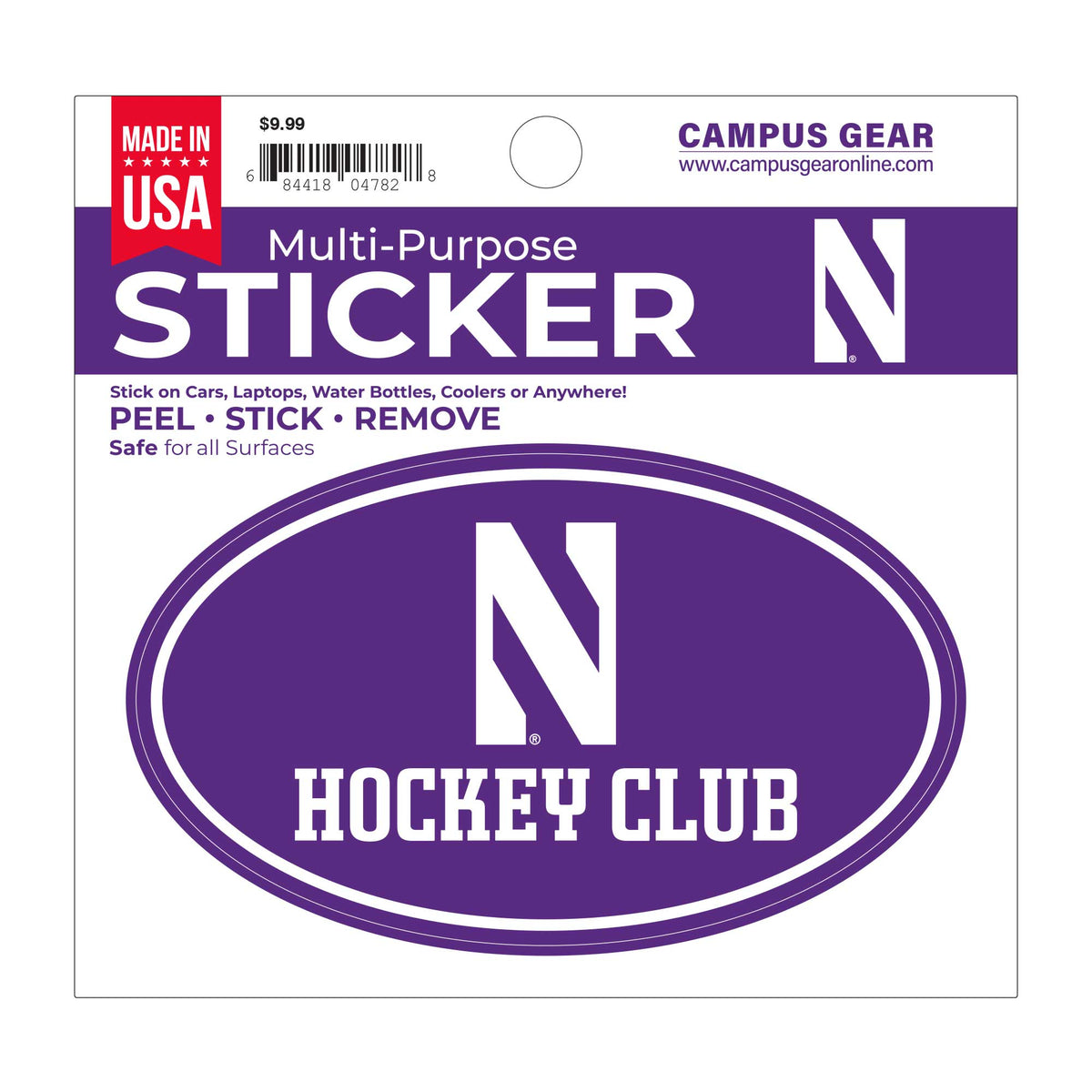 Northwestern University Wildcats Full Color Outside Application 3"X5" Oval Multi-Purpose Sticker with N & Hockey Club Design