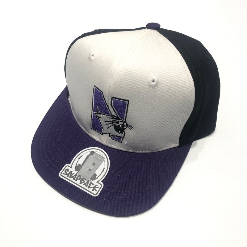 Northwestern University Wildcats Constructed Adjustable Tri-Color Flat Brim Snapback Hat with N-cat Design