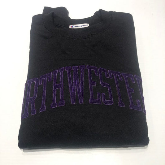 Northwestern University Wildcats Men's Black Champion Eco Powerblend Crewneck Sweatshirt with Purple Arched Northwestern Wool Sewn Appliqué Design-2