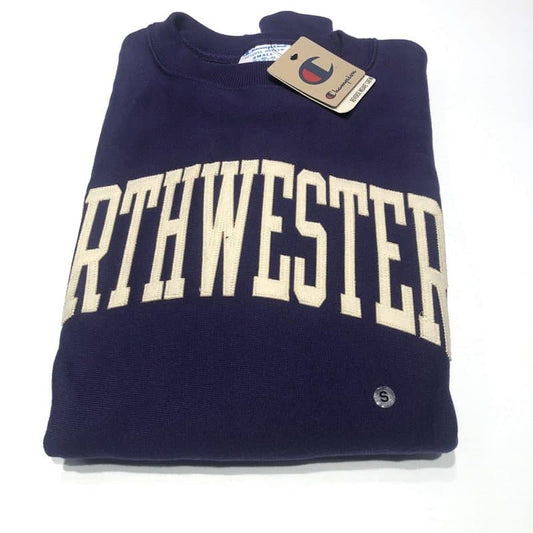 Northwestern University Wildcats Men's Purple Champion Super Heavy Reverse Weave Crewneck Sweatshirt with Creamy White Arched Northwestern Wool Sewn Appliqué Design -2