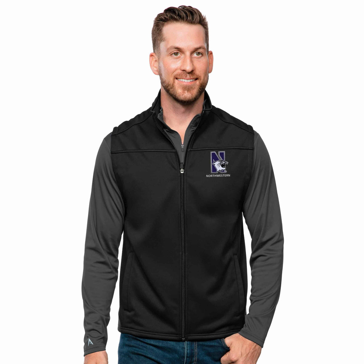 Northwestern Wildcats Men's Antigua Black Links Golf Vest with N-cat Design