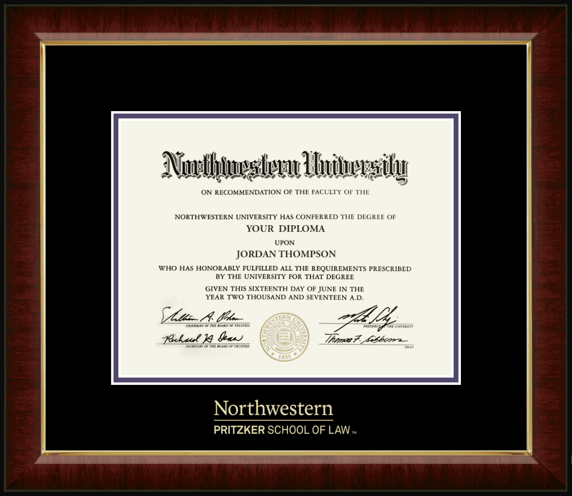 Northwestern University Wildcats Gold Embossed Pritzker School of Law Diploma Frame in Murano with black and purple mats