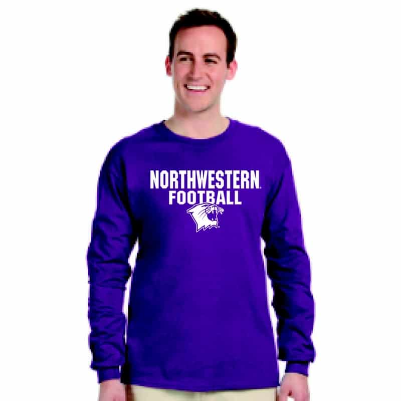 Northwestern University Wildcats Purple Long Sleeve Tee Shirt with Football Wildcat Design