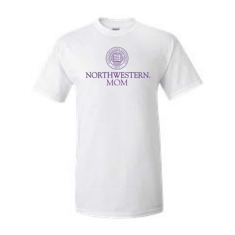 Northwestern University Wildcats White Short Sleeve Tee Shirt with Mom Design