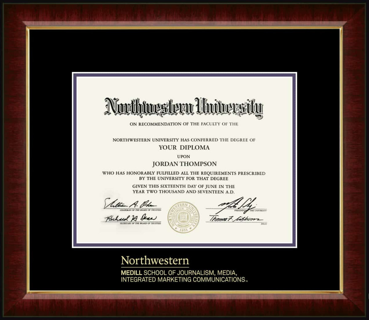 Northwestern University Wildcats Gold Embossed Medill School of Journalism Design Diploma Frame in Murano with black and purple mats