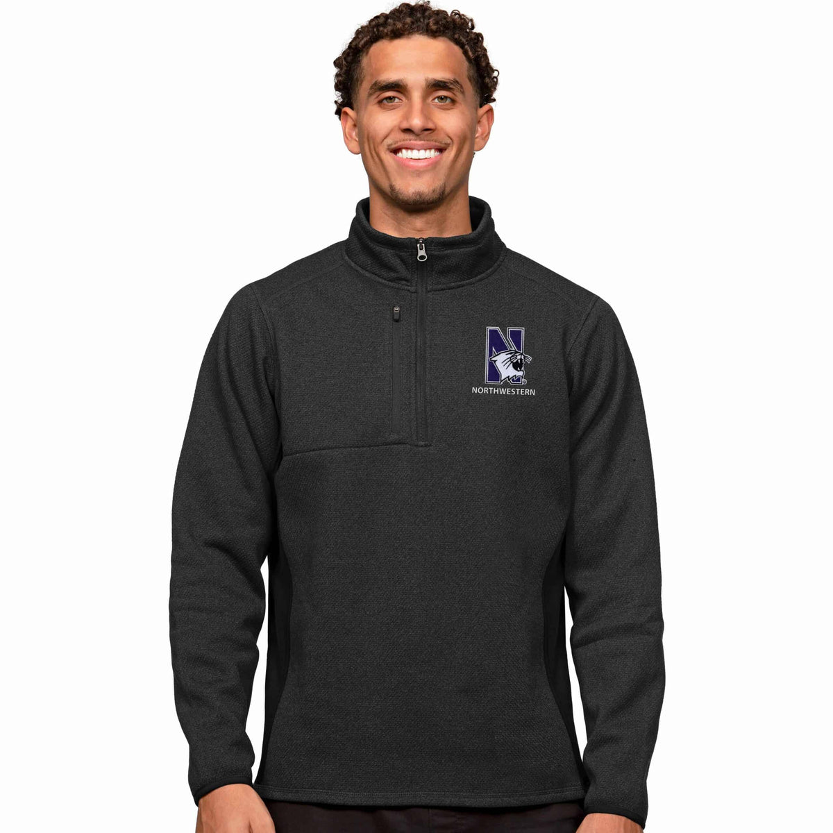 Northwestern Wildcats Men's Antigua Black Heather Multi Course Pullover 1/4 Zip with N-Cat Design