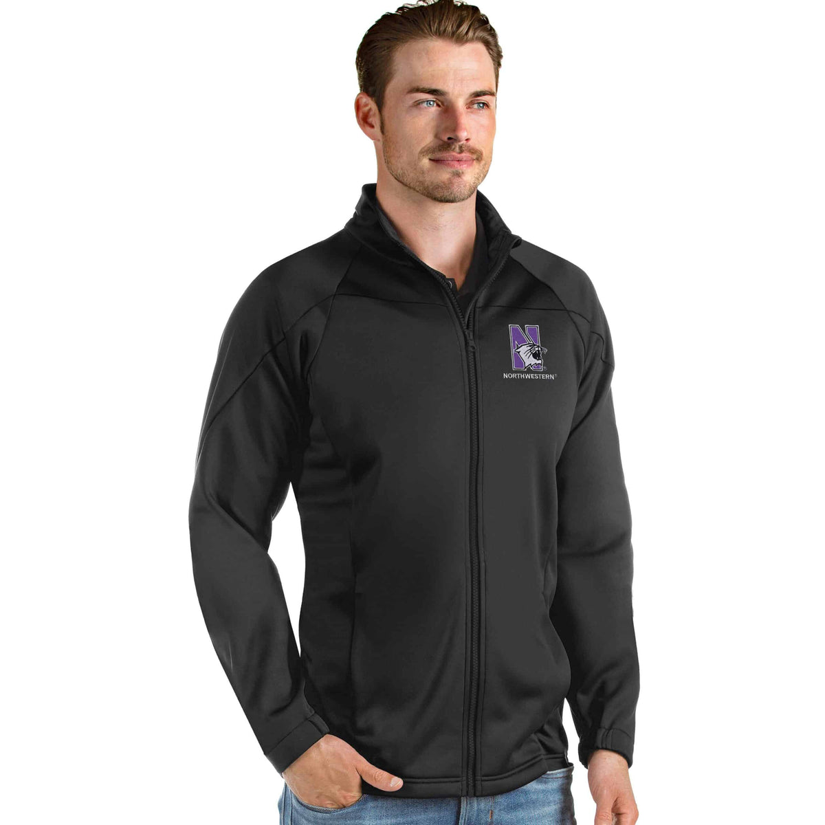 Northwestern Wildcats Men's Antigua Black Links Golf Jacket with N-Cat Design