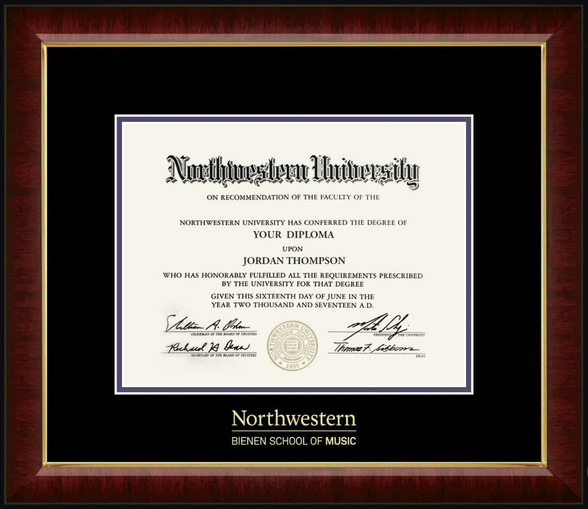 Northwestern University Wildcats Gold Embossed Bienen School of Music Diploma Frame in Murano with black and purple mats