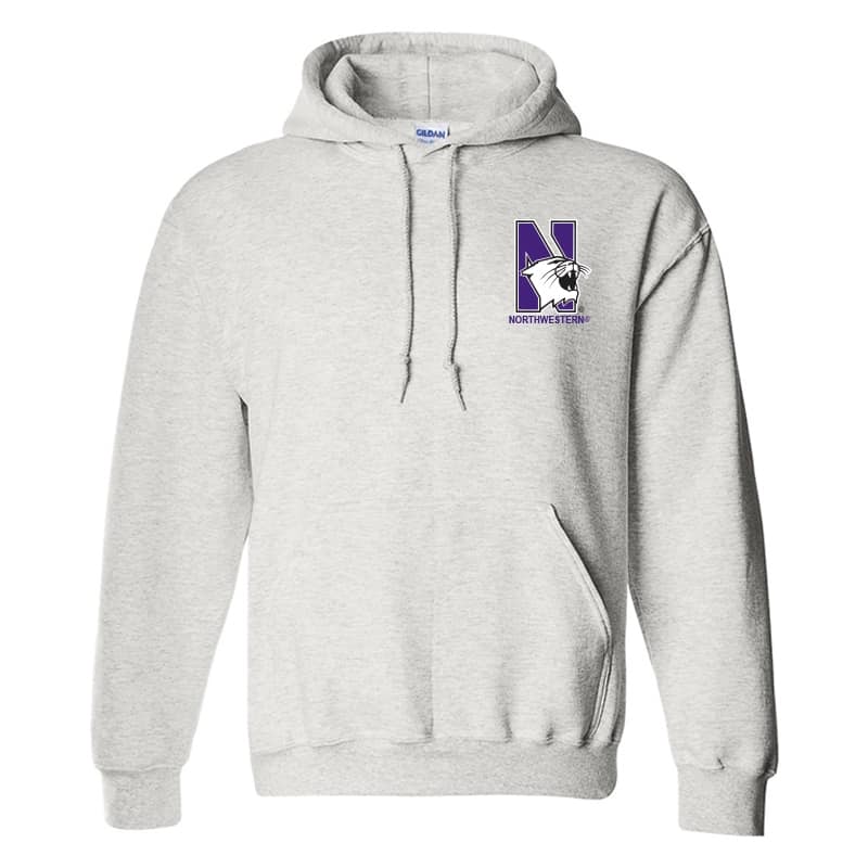 Northwestern University Wildcats Men's Ash Grey Hooded Sweatshirt with Left Chest Embroidered N-Cat & Northwestern Design