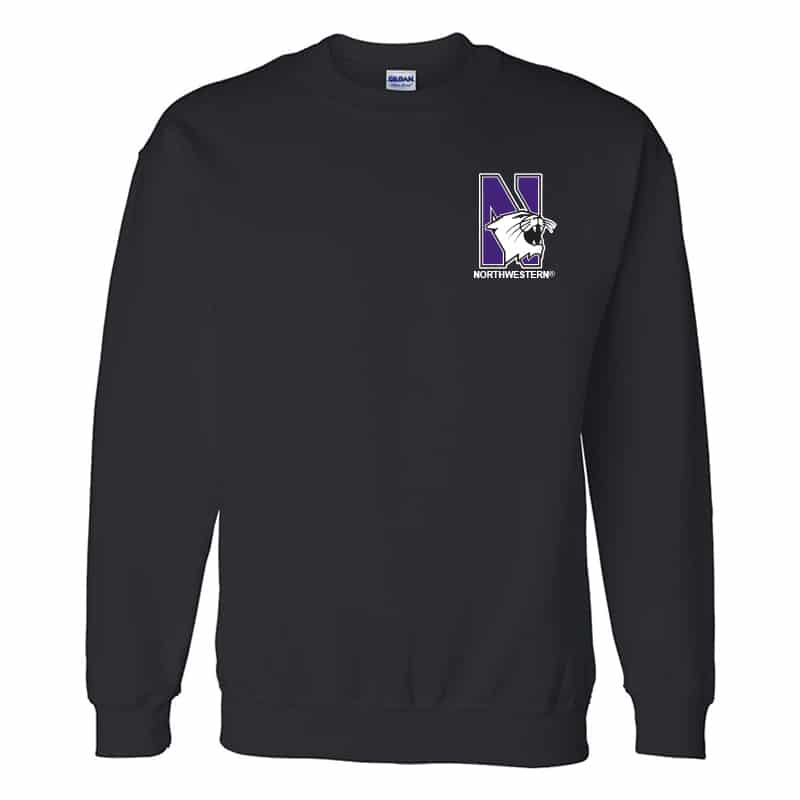 Northwestern University Wildcats Men's Black Crewneck Sweatshirt with Left Chest Embroidered N-Cat & Northwestern Design