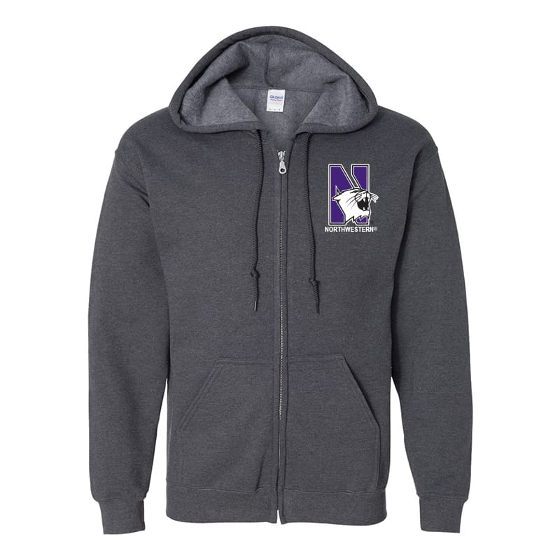 Northwestern University Wildcats Men's Black Heather Full-Zip Hooded Sweatshirt with Left Chest Embroidered N-Cat & Northwestern Design