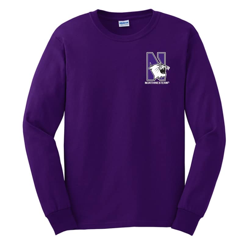Northwestern University Wildcats Men's Purple Long Sleeve Tee Shirt with Left Chest Embroidered N-Cat & Northwestern Design