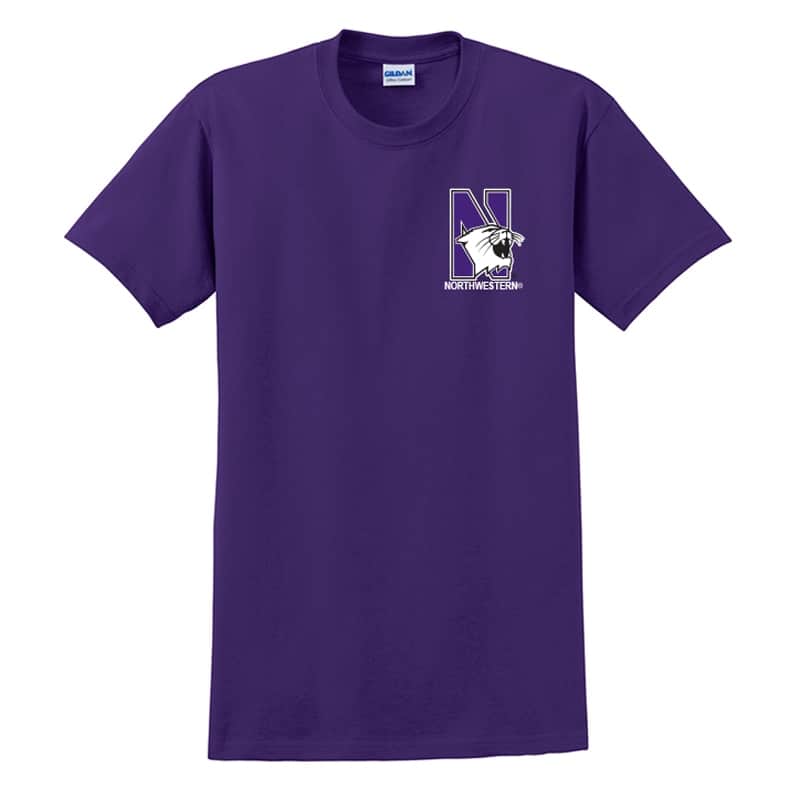Northwestern University Wildcats Men's Purple Short Sleeve Tee Shirt with Left Chest Embroidered N-Cat & Northwestern Design