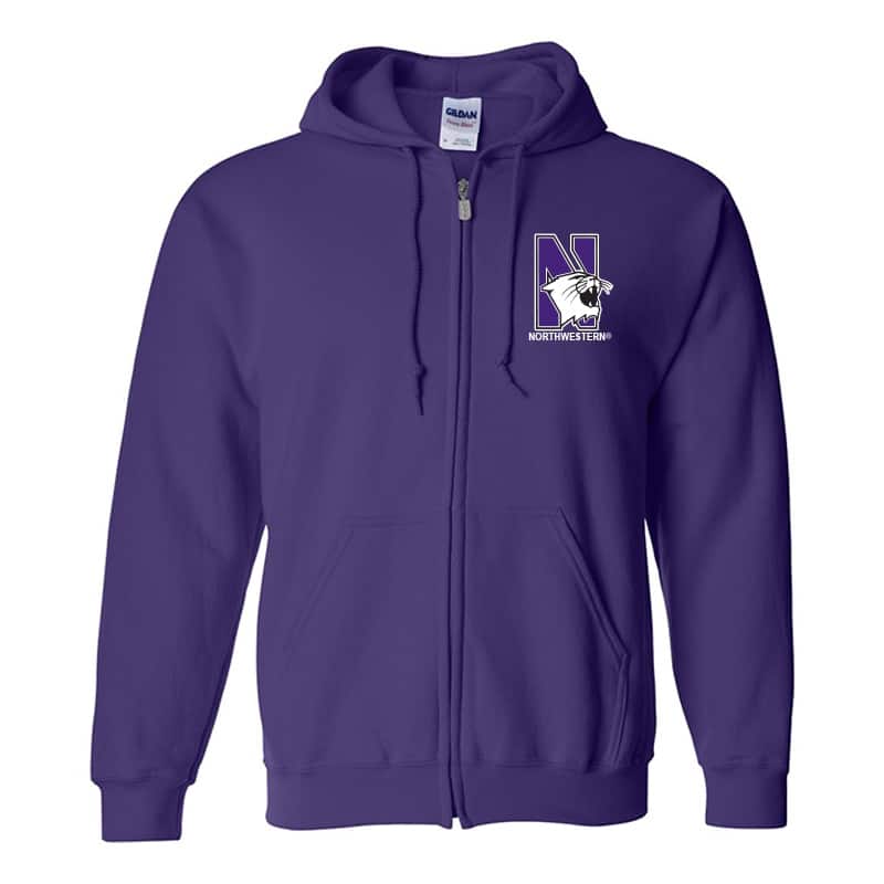 Northwestern University Wildcats Men's Purple Full-Zip Hooded Sweatshirt with Left Chest Embroidered N-Cat & Northwestern Design