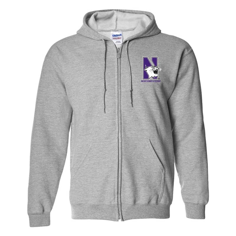 Northwestern University Wildcats Men's Sport Grey Full-Zip Hooded Sweatshirt with Left Chest Embroidered N-Cat & Northwestern Design
