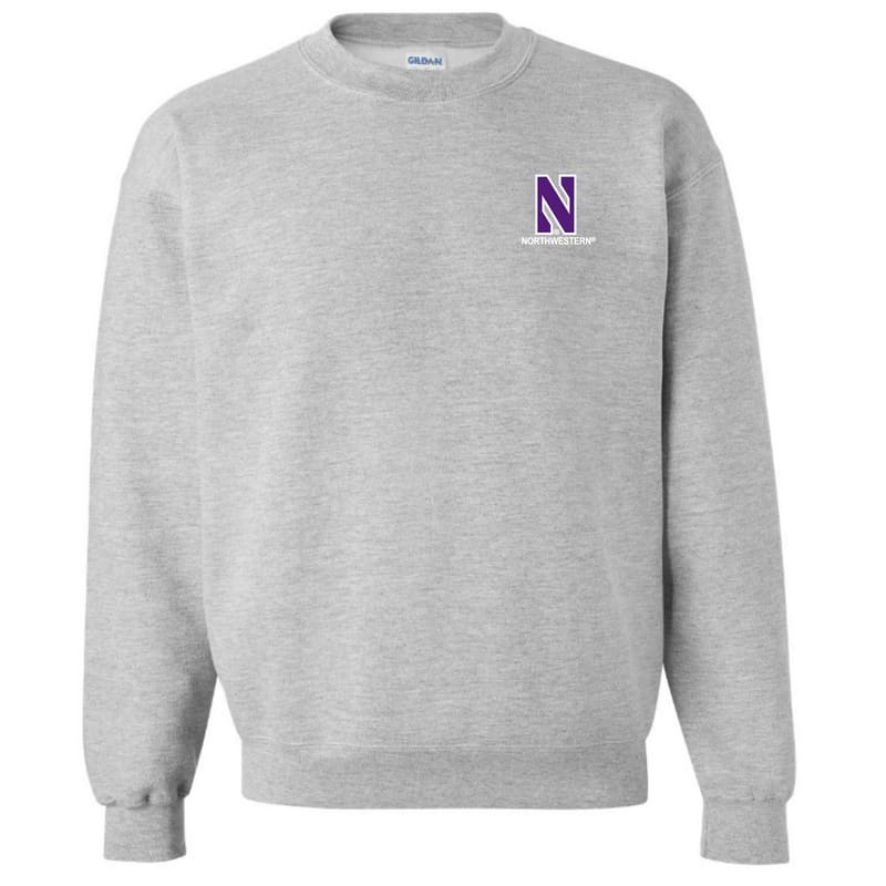 Northwestern University Wildcats Men's Sport Grey Crewneck Sweatshirt with Left Chest Embroidered Stylized N & Northwestern Design