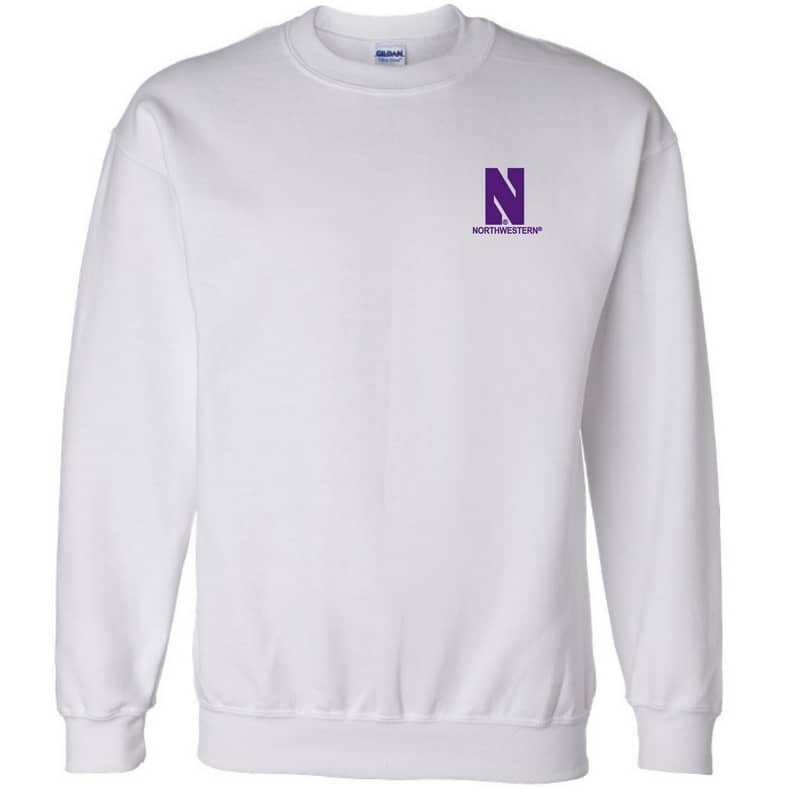 Northwestern University Wildcats Men's White Crewneck Sweatshirt with Left Chest Embroidered Stylized N & Northwestern Design