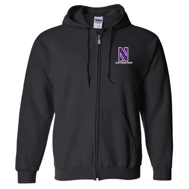 Northwestern University Wildcats Men's Black Full-Zip Hooded Sweatshirt with Left Chest Embroidered Stylized N & Northwestern Design
