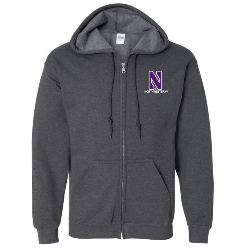 Northwestern University Wildcats Men's Black Heather Full-Zip Hooded Sweatshirt with Left Chest Embroidered Stylized N & Northwestern Design