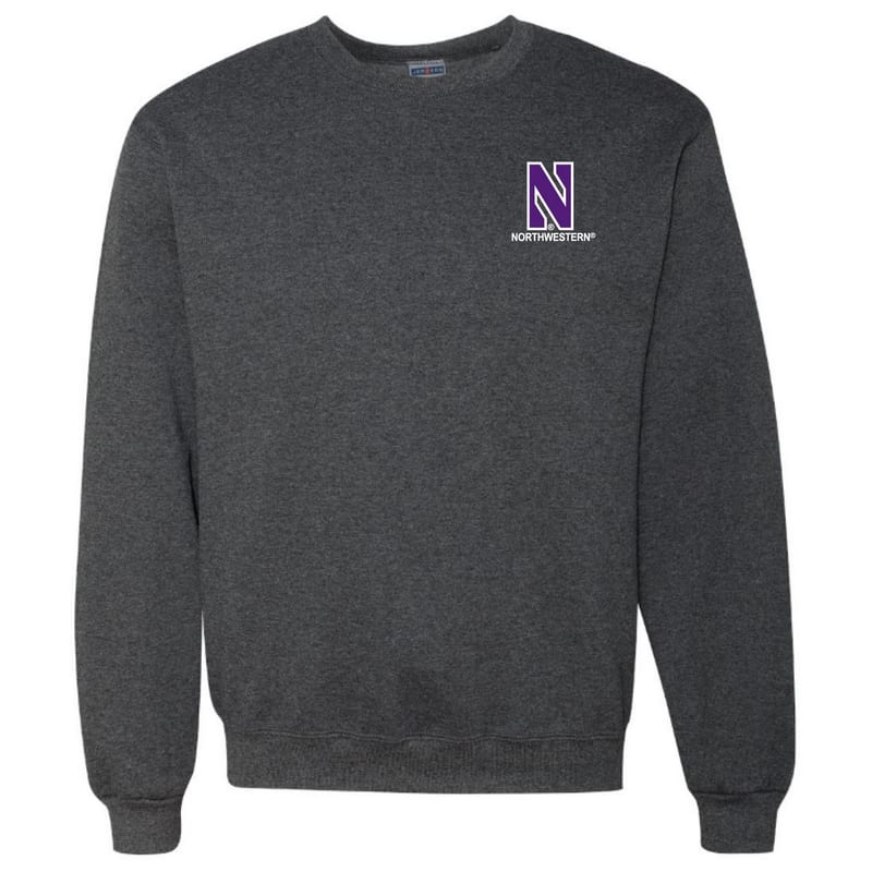 Northwestern University Wildcats Men's Black Heather Crewneck Sweatshirt with Left Chest Embroidered Stylized N & Northwestern Design
